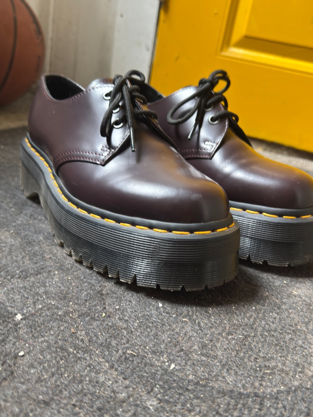 Dr. Martens Platform 1461 Bex Shoes in Oxblood/ Burgundy with Yellow Stitching